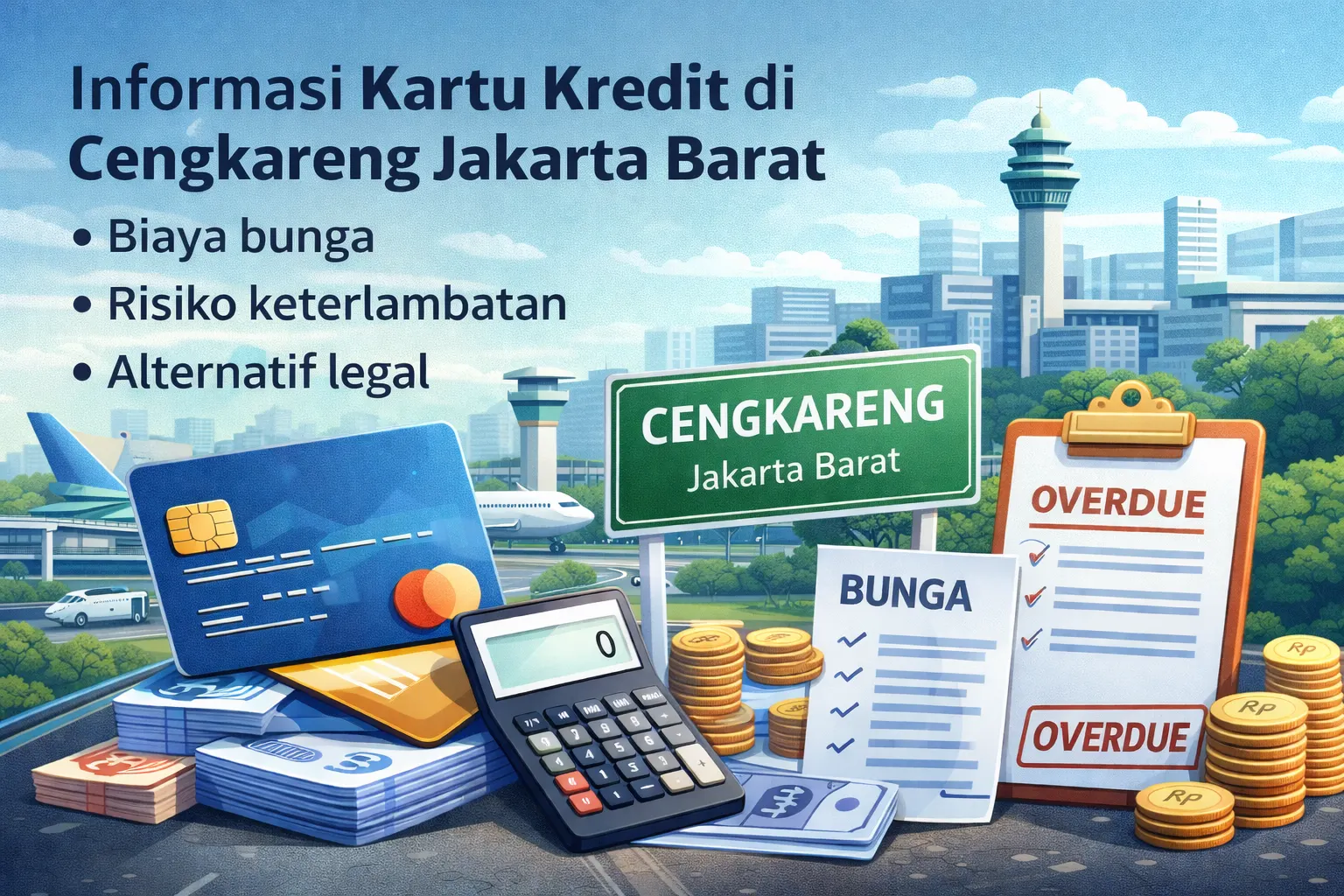 Ilustrasi informasi kartu kredit di Cengkareng Jakarta Barat dengan pembahasan biaya bunga, risiko keterlambatan, dan alternatif legal.